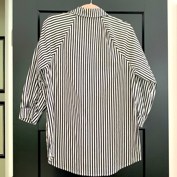 Tahari Black & White Striped Button Down Blouse. 3/4 Sleeves. High/Low. Size L - Picture 6 of 11
